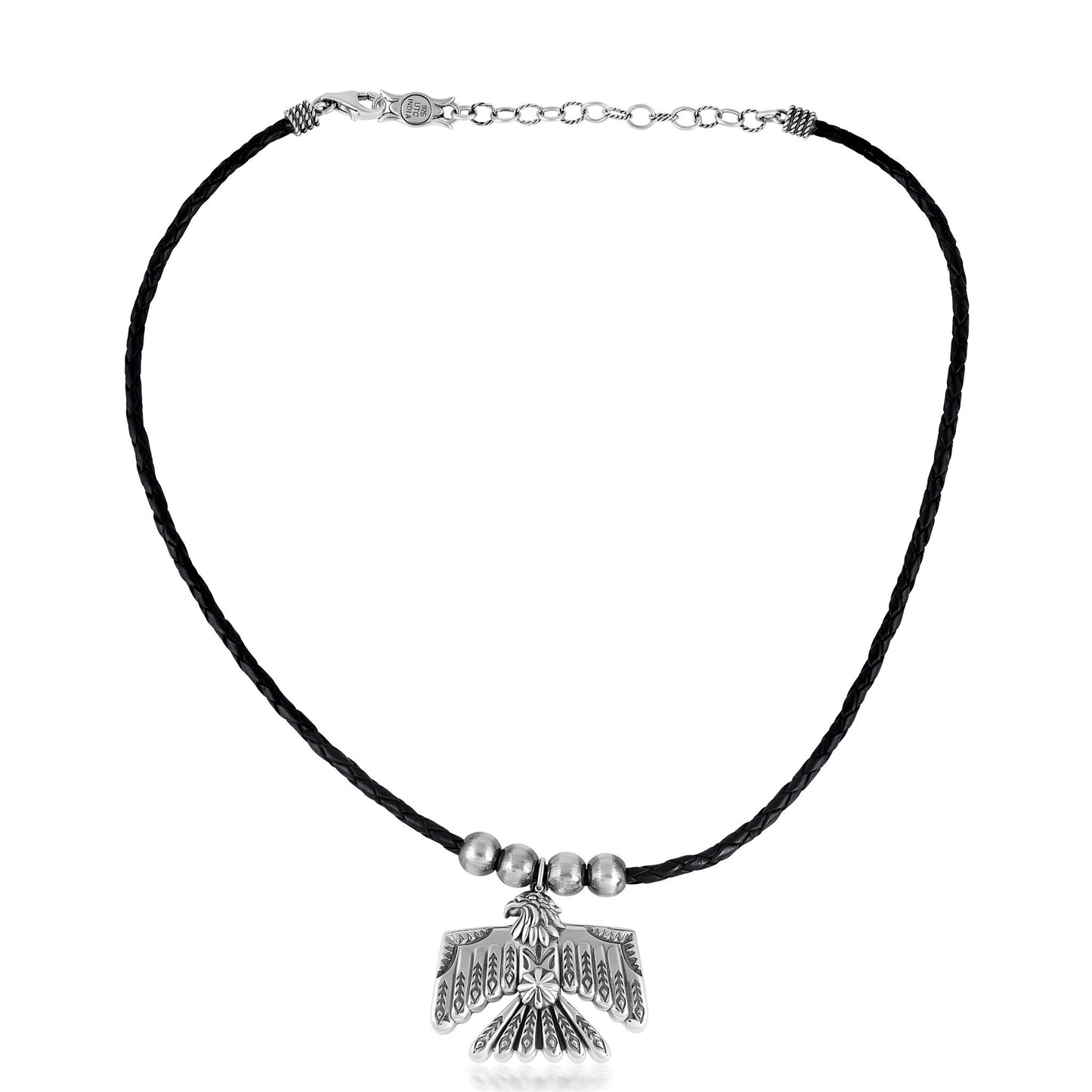 EXCLUSIVELY OURS! Sterling Silver Black Leather Thunderbird and Bead Pendant Necklace, 17 to 20 Inches