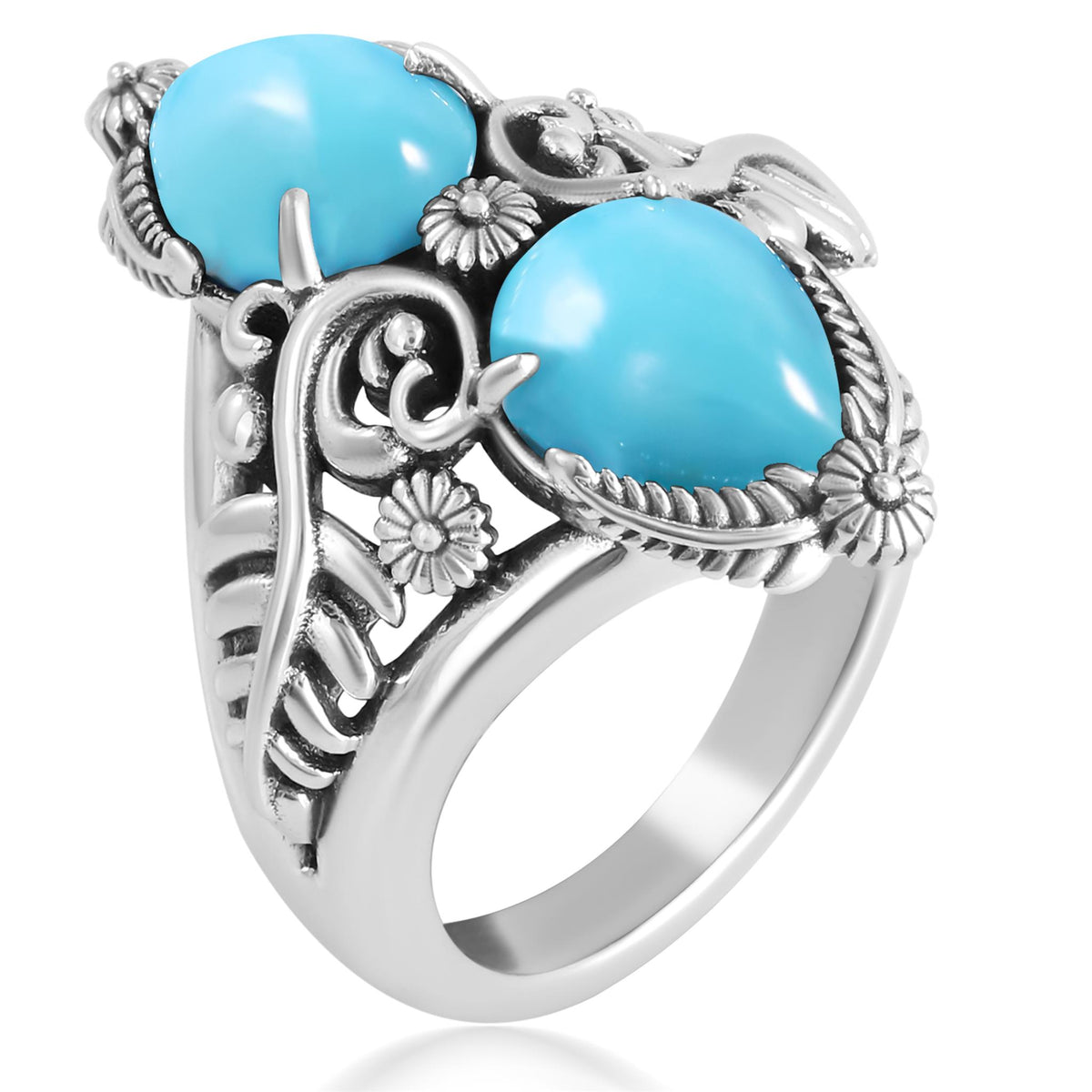 Sterling Silver Kingman Turquoise Double-Pear Ring, Sizes 5 to 11