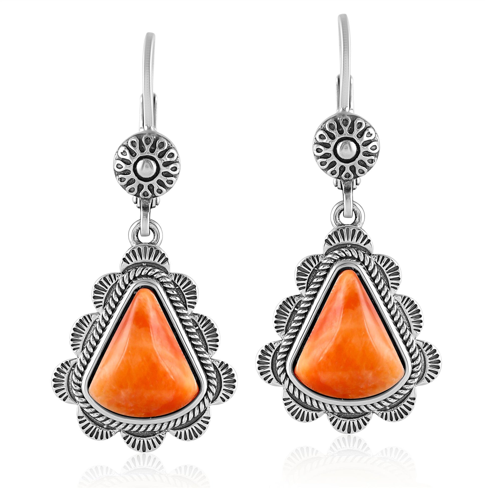 LIMITED EDITION! Sterling Silver Orange Spiny Oyster Scalloped Triangle Cut Dangle Earrings