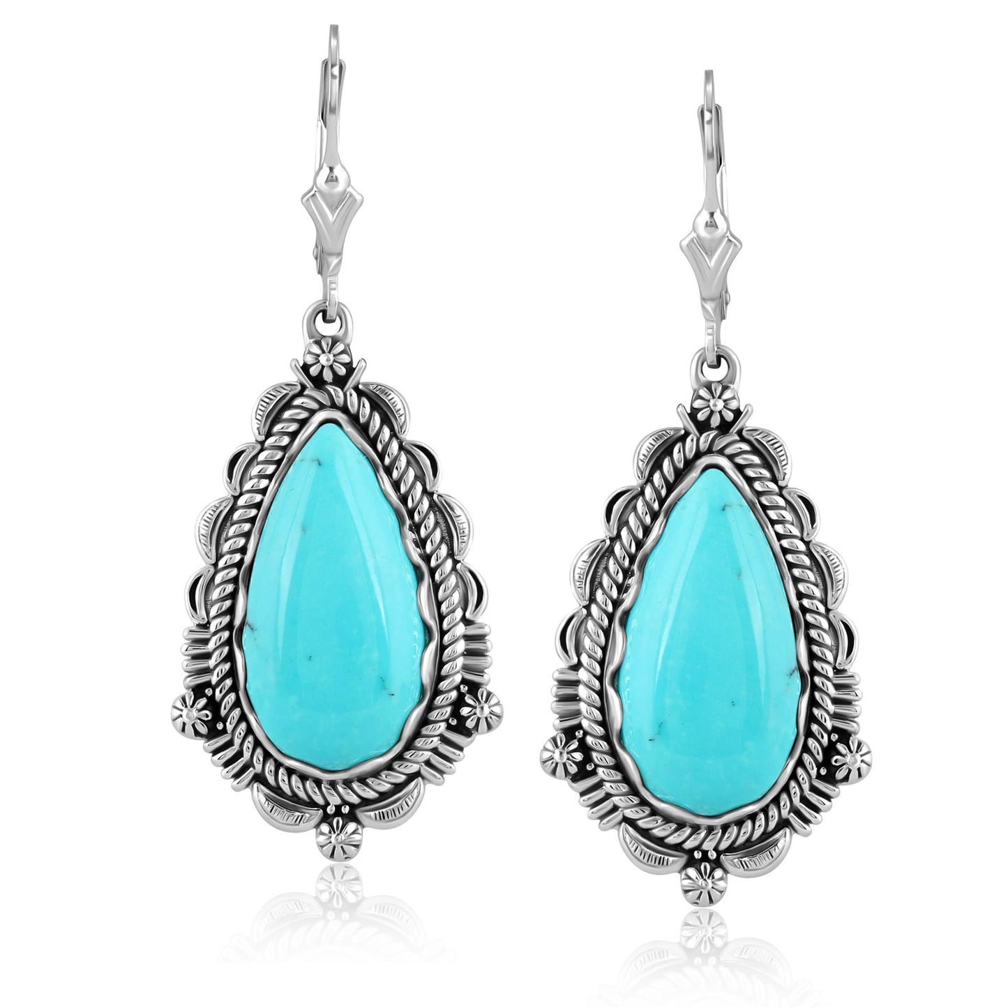 Sterling Silver Blue Turquoise Gemstone Pear-Shaped Dangle Earrings