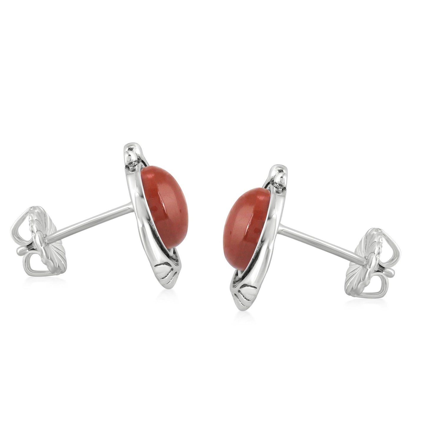 Sterling Silver Red Jasper Gemstone Leaf Design Button Earrings