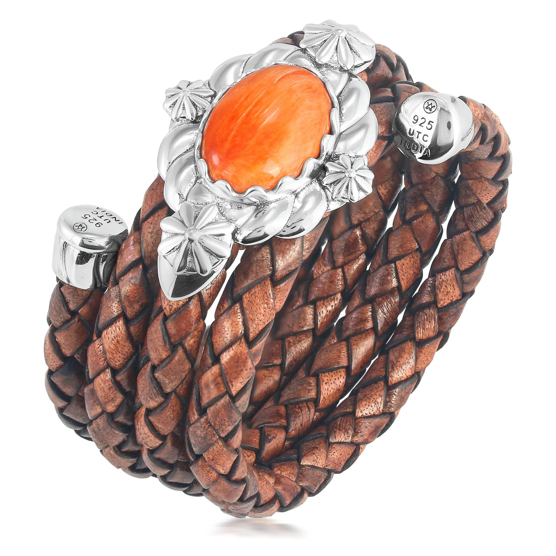 Sterling Silver Orange Spiny Oyster Antique Red-Brown Braided Leather Coil Wrap Bracelet, 24 Inches