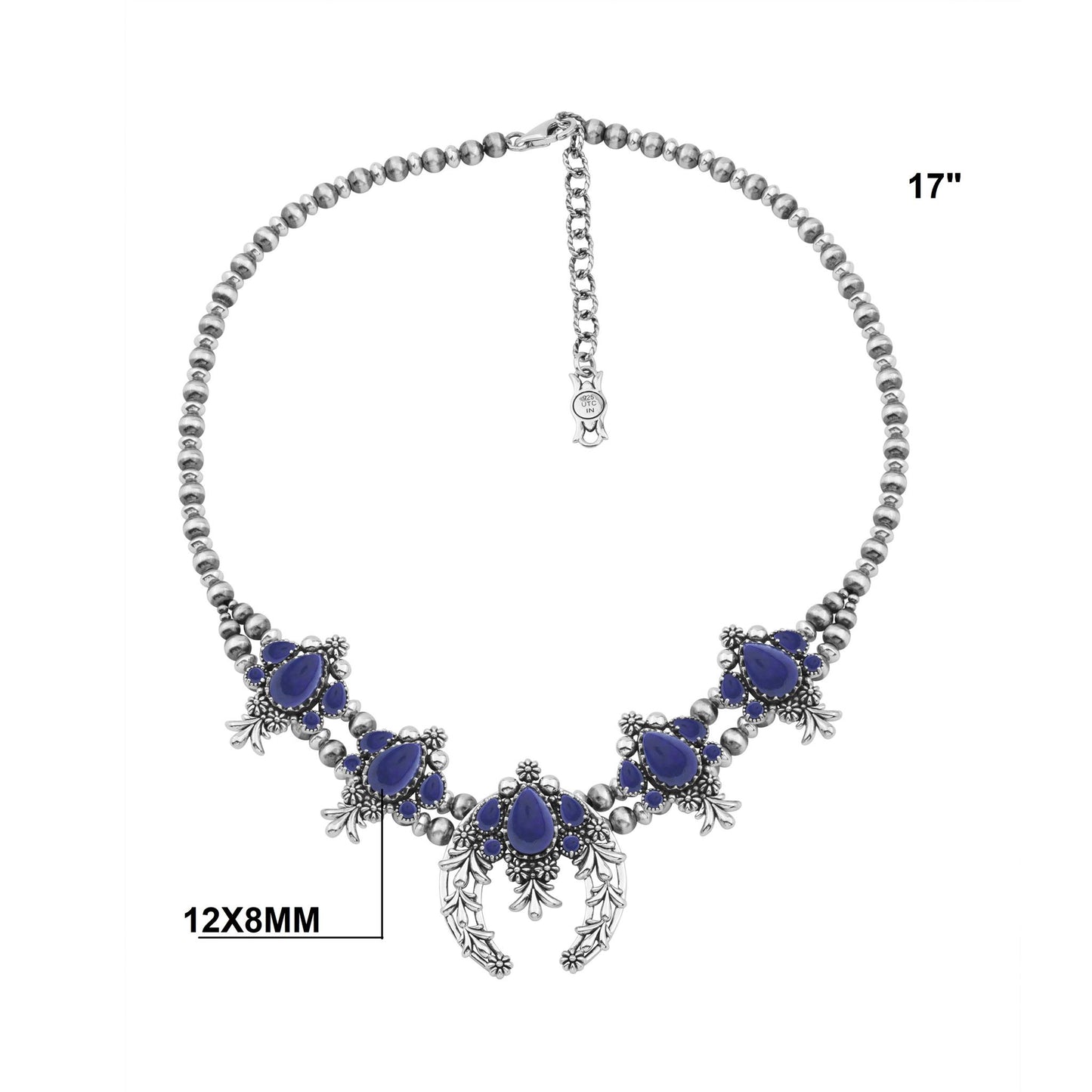 LIMITED EDITION! Sterling Silver Lapis Pear Cut Squash Blossom Naja Necklace, 17 to 20 Inches