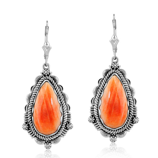 Sterling Silver Orange Spiny Oyster Gemstone Pear-Shaped Dangle Earrings