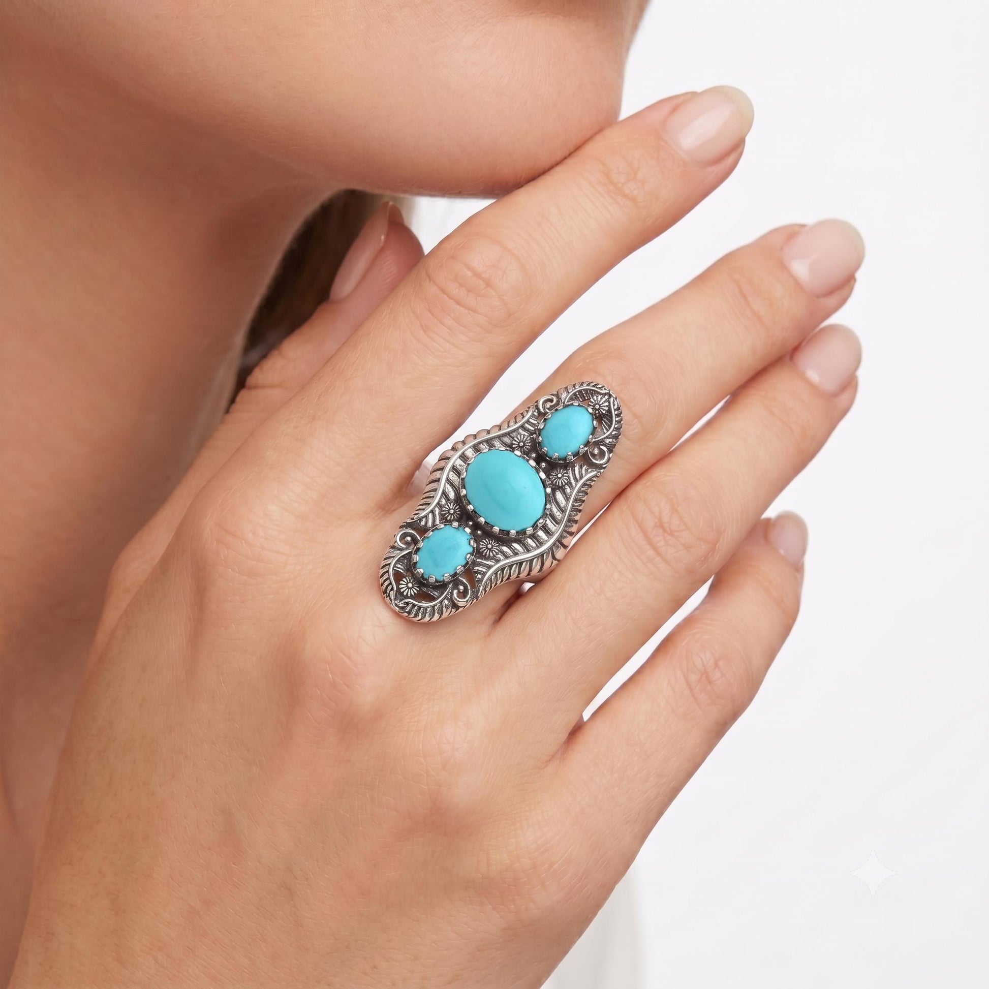 Sterling Silver Sleeping Beauty Turquoise Leaf and Vine Oval Ring