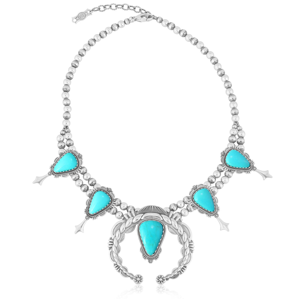 LIMITED EDITION! Sterling Silver Kingman Turquoise Squash Blossom Naja Necklace, 17 to 20 Inches