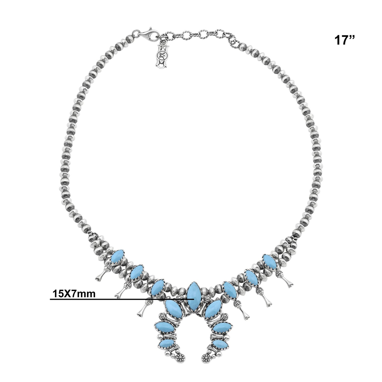  Sterling Silver Sleeping Beauty Turquoise Marquise-Cut Squash Blossom Necklace 