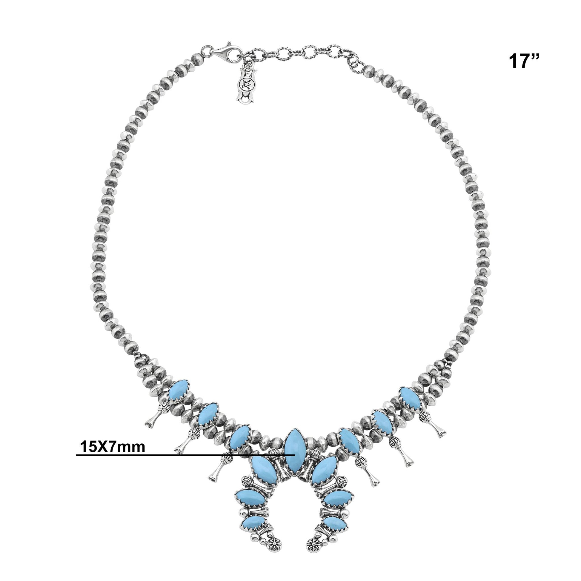  Sterling Silver Sleeping Beauty Turquoise Marquise-Cut Squash Blossom Necklace 