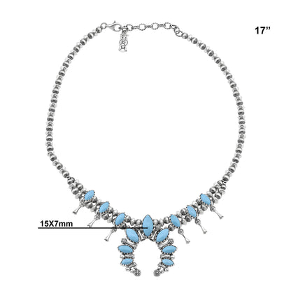 Sterling Silver Sleeping Beauty Turquoise Marquise-Cut Squash Blossom Necklace 