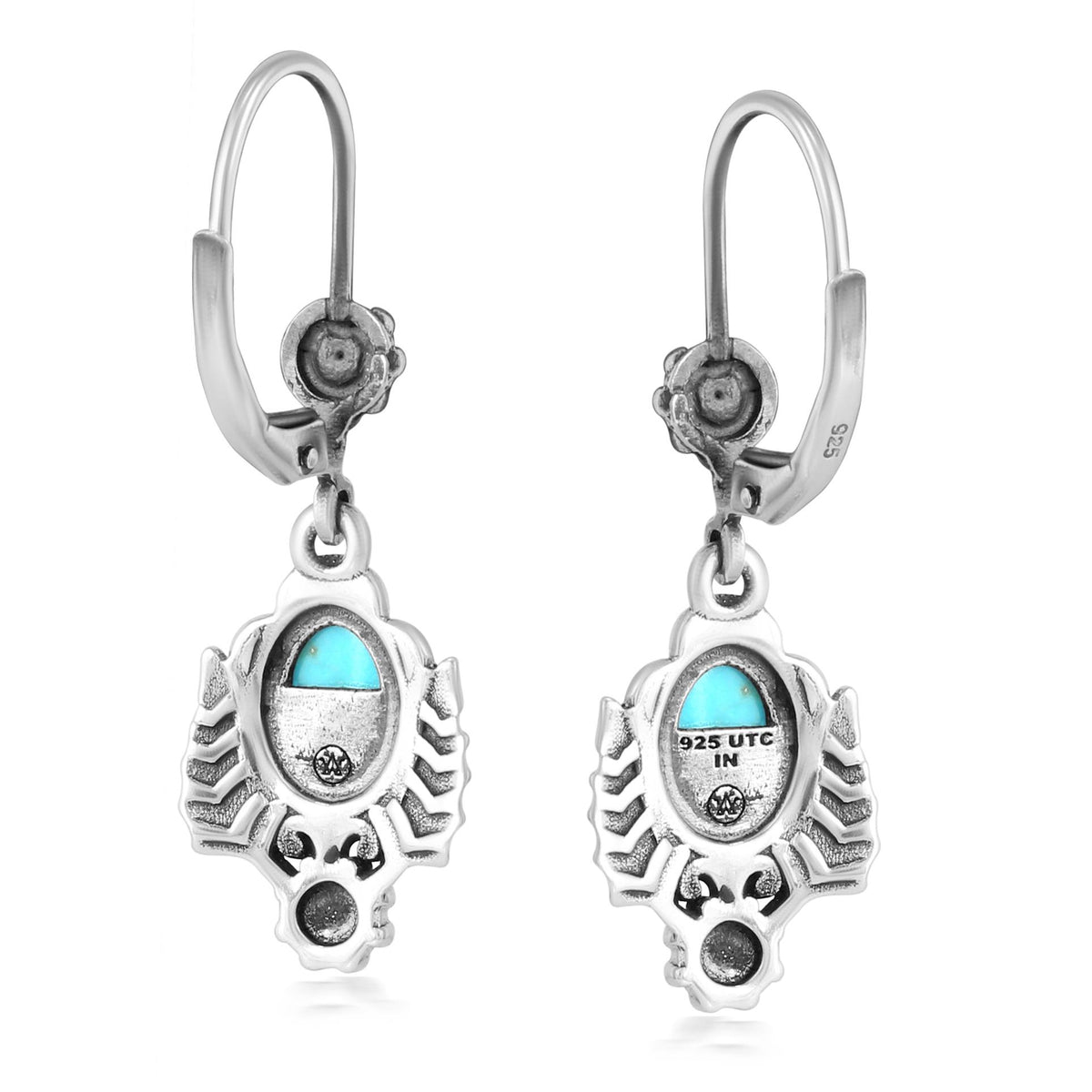 Sterling Silver Sleeping Beauty Turquoise Oval Concha and Leaf Dangle Earrings