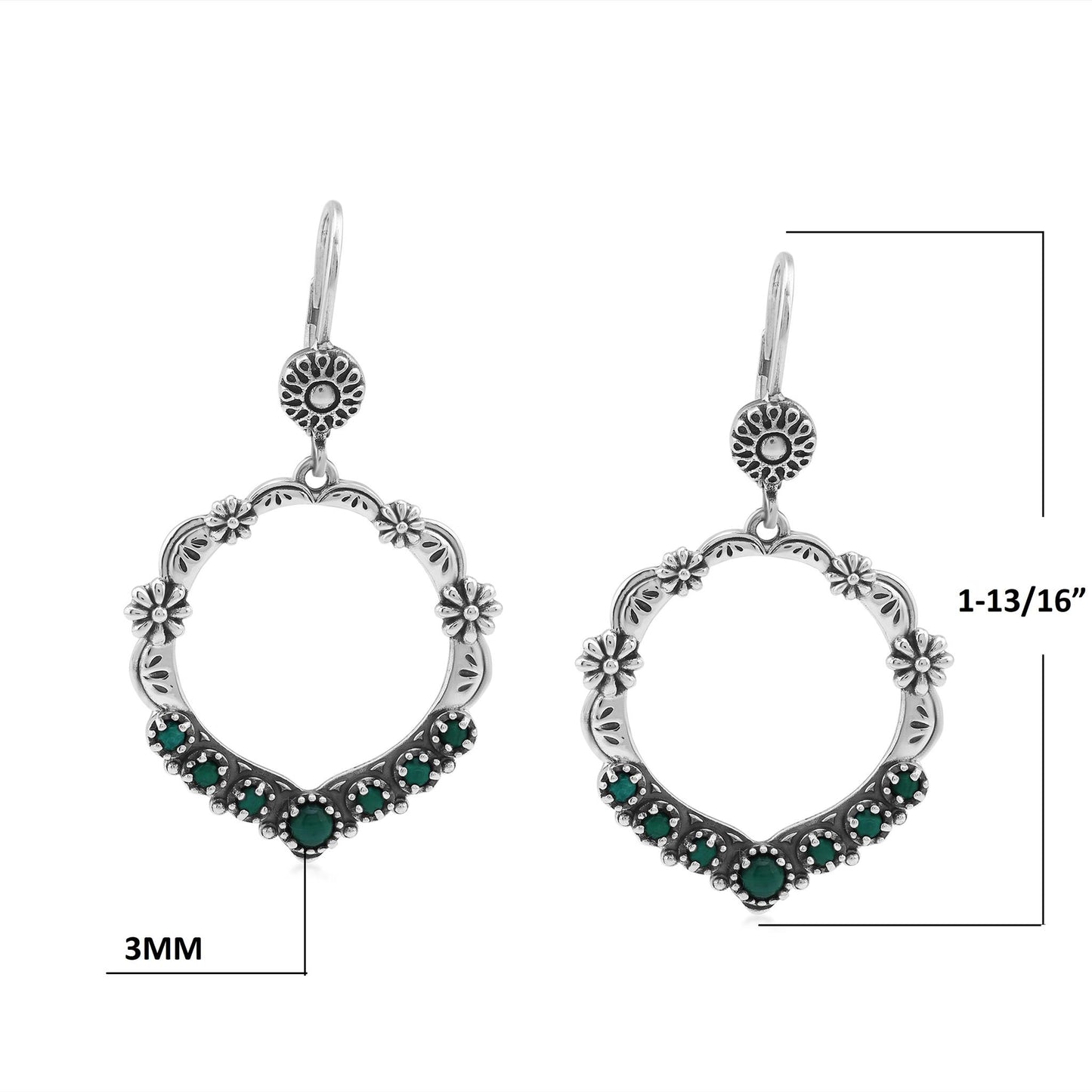 Sterling Silver Malachite Open Hoop Concha Lever Back Earrings