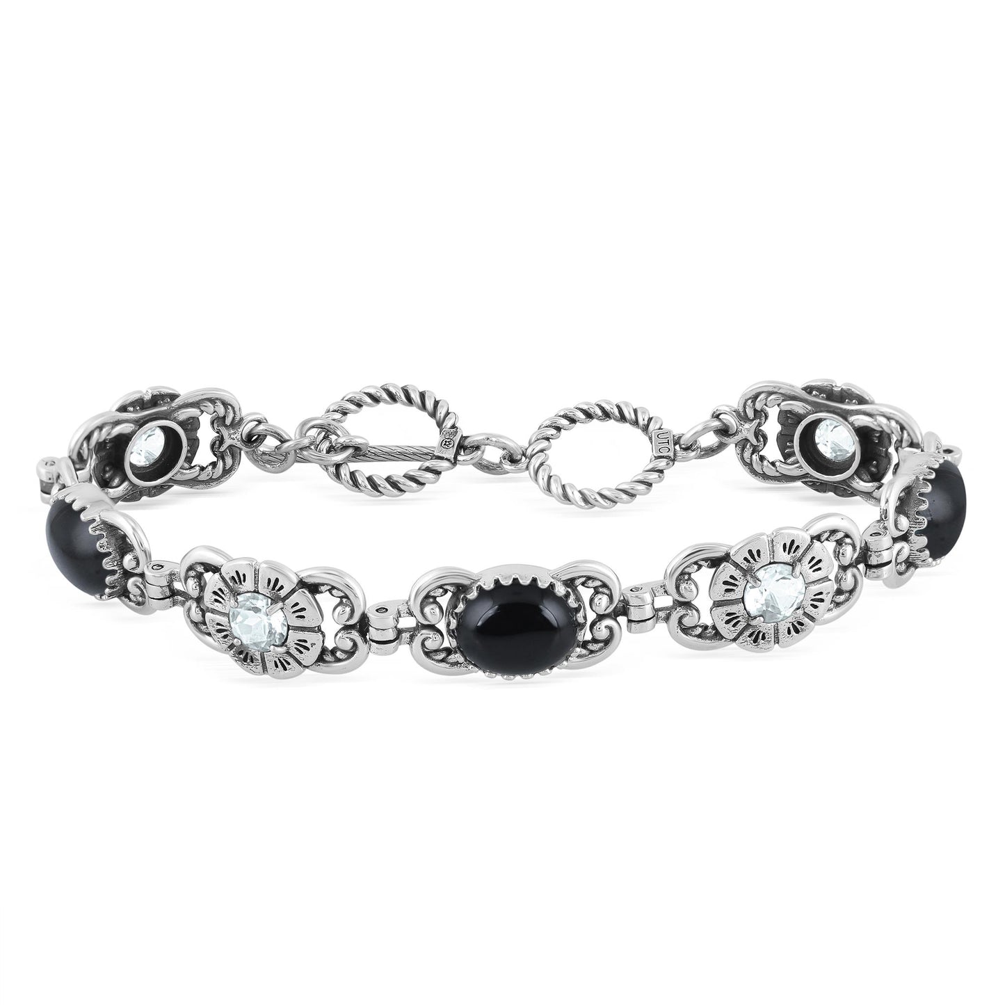 Sterling Silver Black Agate and White Topaz Concha Link Bracelet, Sizes Small to Large
