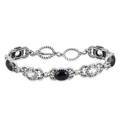 Sterling Silver Black Agate and White Topaz Concha Link Bracelet, Sizes Small to Large