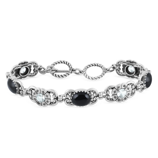 Sterling Silver Black Agate and White Topaz Concha Link Bracelet, Sizes Small to Large