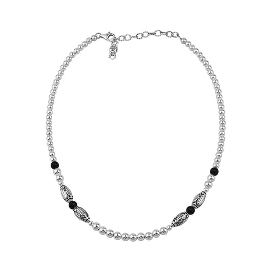  Sterling Silver Black Onyx Barrel Bead Necklace