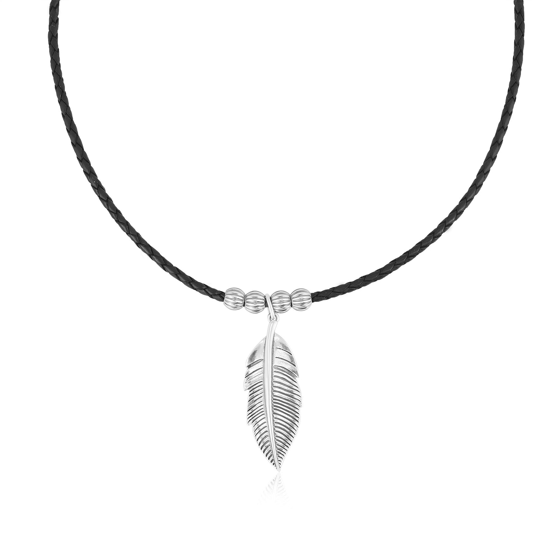 Sterling Silver Navy Leather Hope Feather Necklace