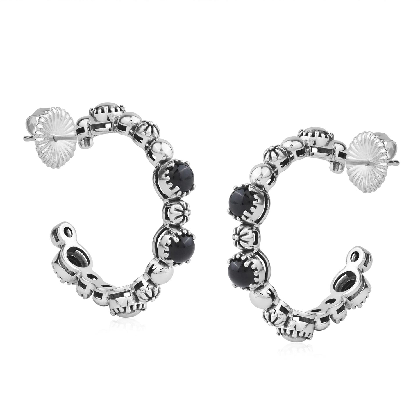 Sterling Silver Black Agate 1 Inch Concha Hoop Earrings 