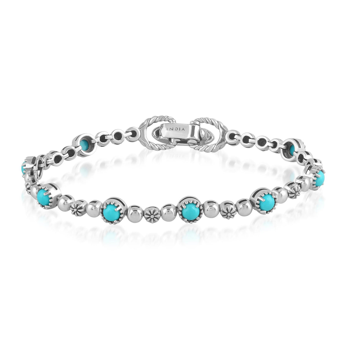 Sterling Silver Sleeping Beauty Turquoise Round Beaded Bracelet, Sizes Small to Large