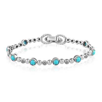 Sterling Silver Sleeping Beauty Turquoise Round Beaded Bracelet, Sizes Small to Large