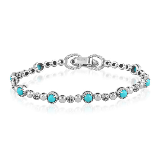Sterling Silver Sleeping Beauty Turquoise Round Beaded Bracelet, Sizes Small to Large