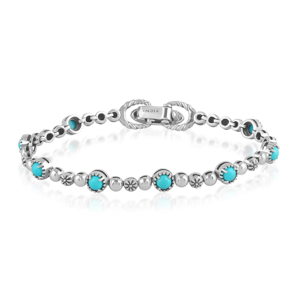 Sterling Silver Sleeping Beauty Turquoise Round Beaded Bracelet, Sizes Small to Large