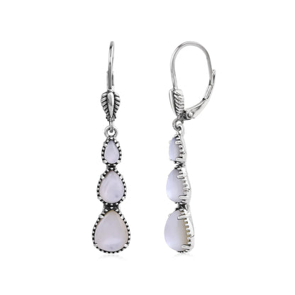 Sterling Silver White Mother of Pearl 3-Pear Drop Lever Back Earrings
