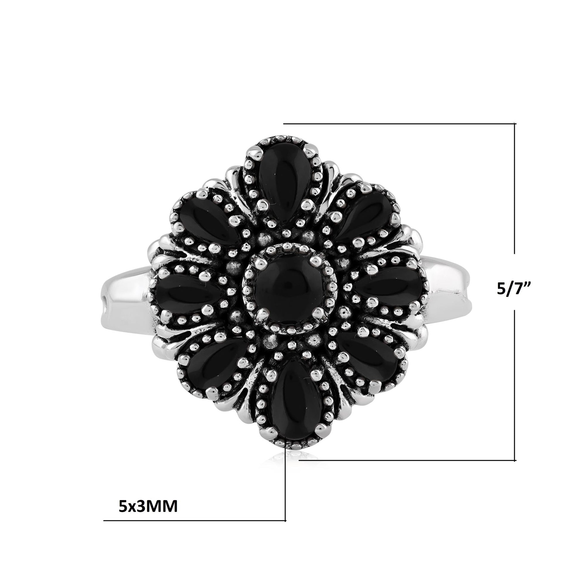  Sterling Silver Black Onyx Flower Cluster Ring
