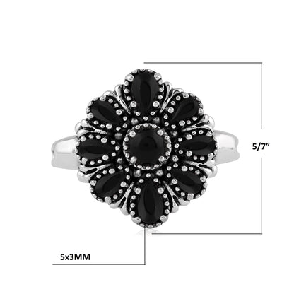  Sterling Silver Black Onyx Flower Cluster Ring
