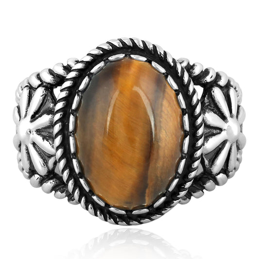 Sterling Silver Tiger's Eye Concha Flower Design Ring, Sizes 5 to 10