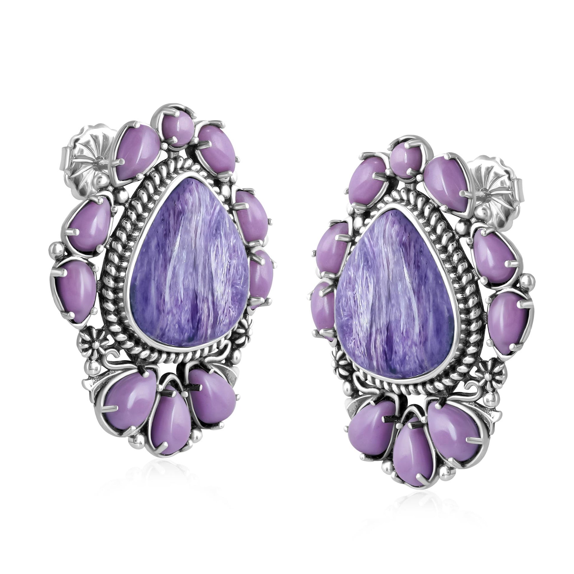 EXCLUSIVELY OURS! Sterling Silver Charoite and Phosphosiderite Trillion, Pear and Oval Stud Earrings