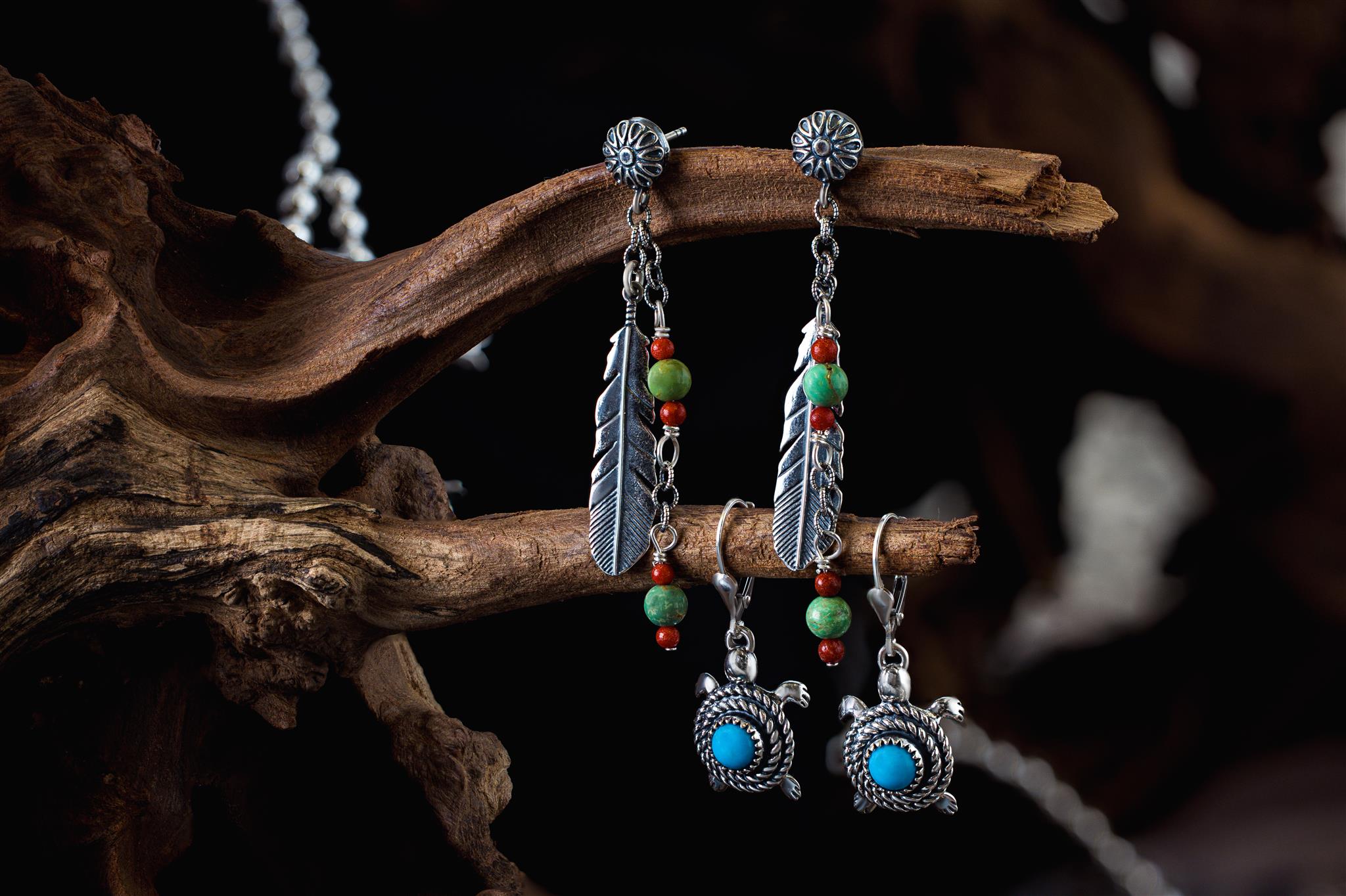 Native American Sterling Silver store .925 Pierced Turquoise Feathered Dangle Earrings