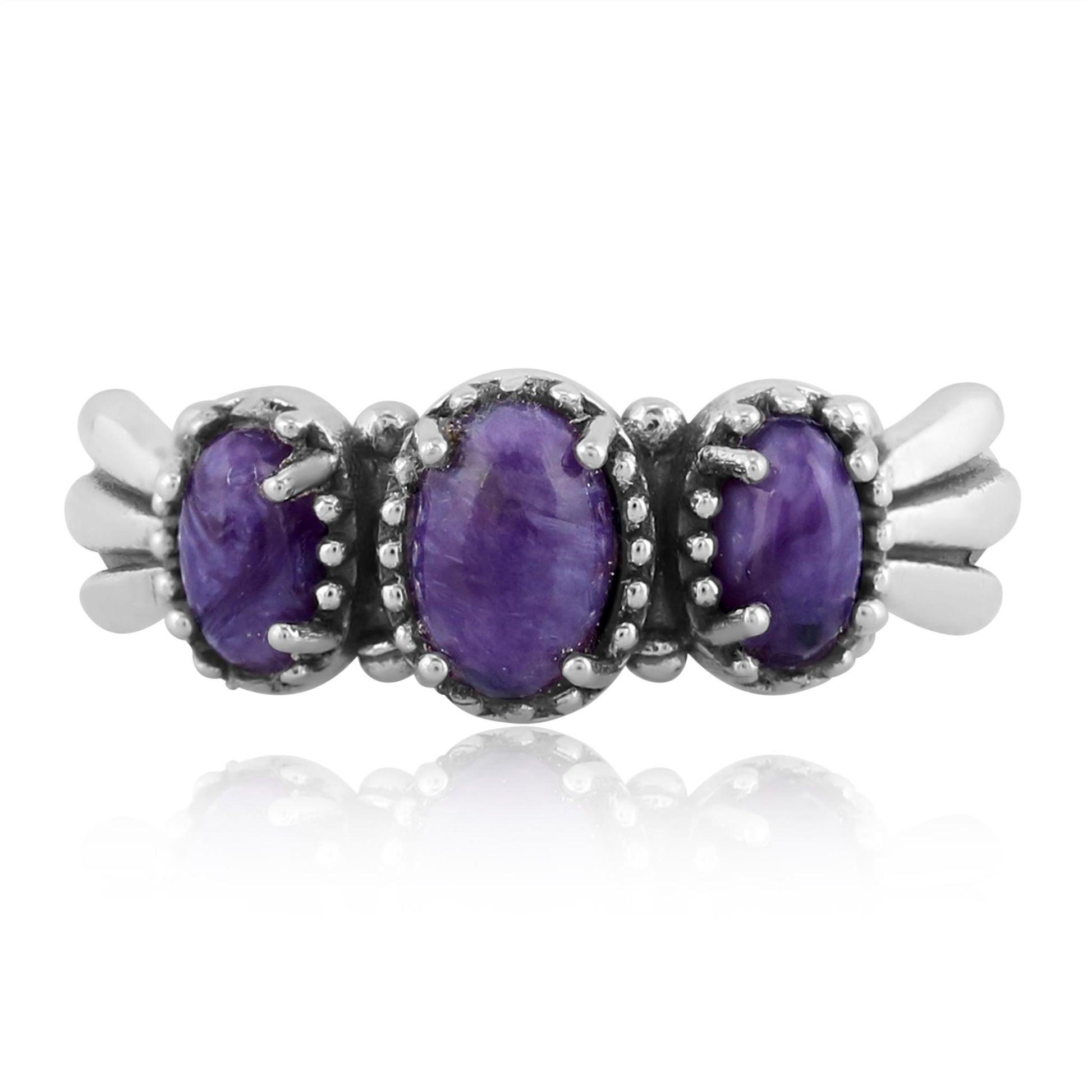 Sterling Silver Charoite 3-Stone Fan Ring