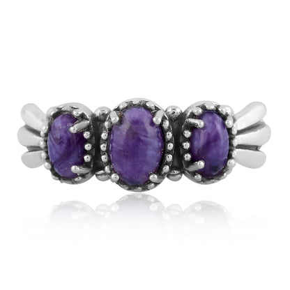 Sterling Silver Charoite 3-Stone Fan Ring