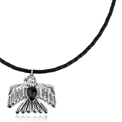 EXCLUSIVELY OURS! Sterling Silver Black Onyx Black Leather Thunderbird Pendant Necklace, 17 to 20 Inches