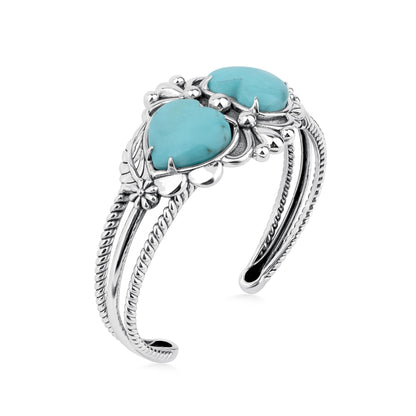 EXCLUSIVELY OURS! Sterling Silver Kingman Turquoise Double Heart Cuff Bracelet, Sizes Small to Large