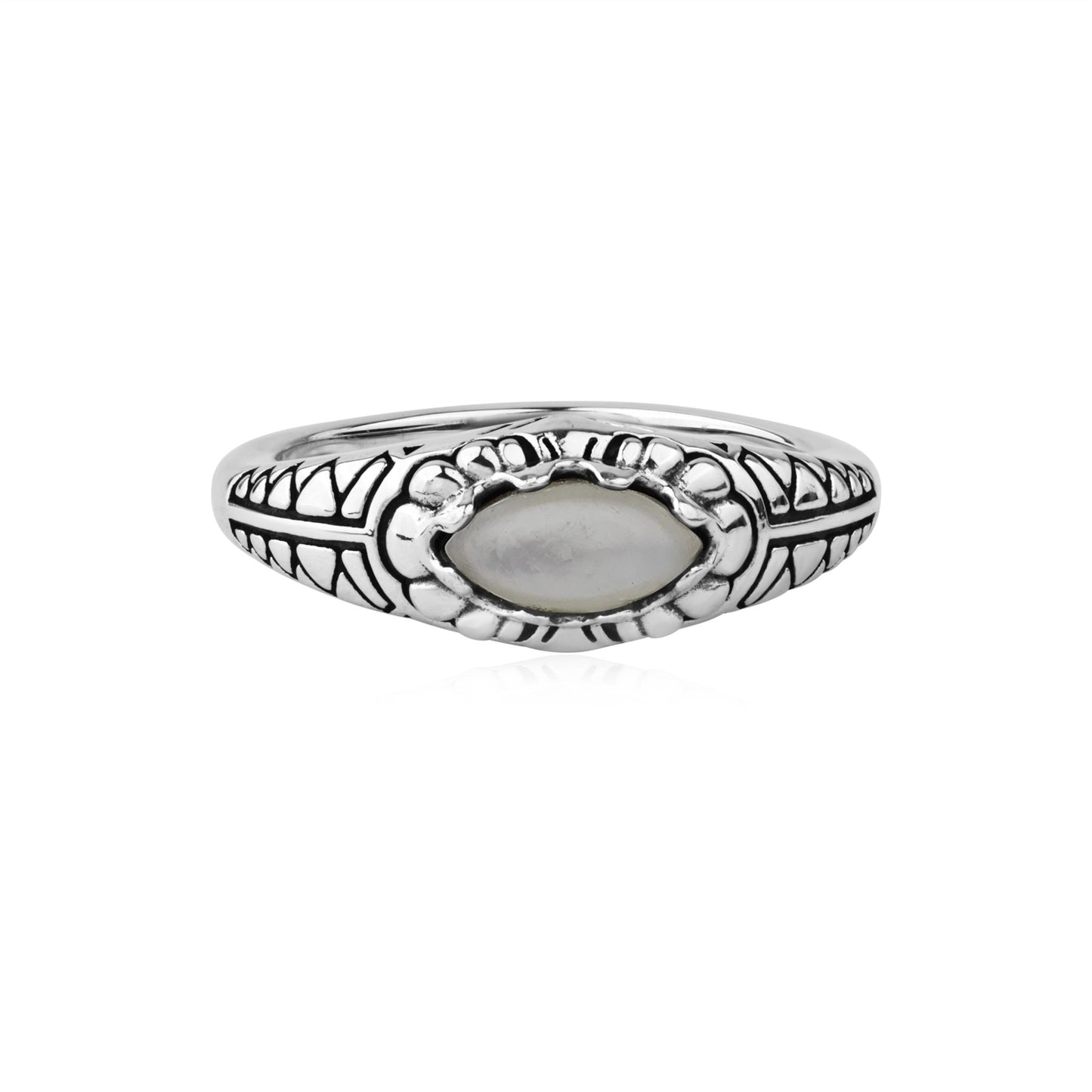  Sterling Silver White Mother of Pearl Marquise-Cut Etched Ring
