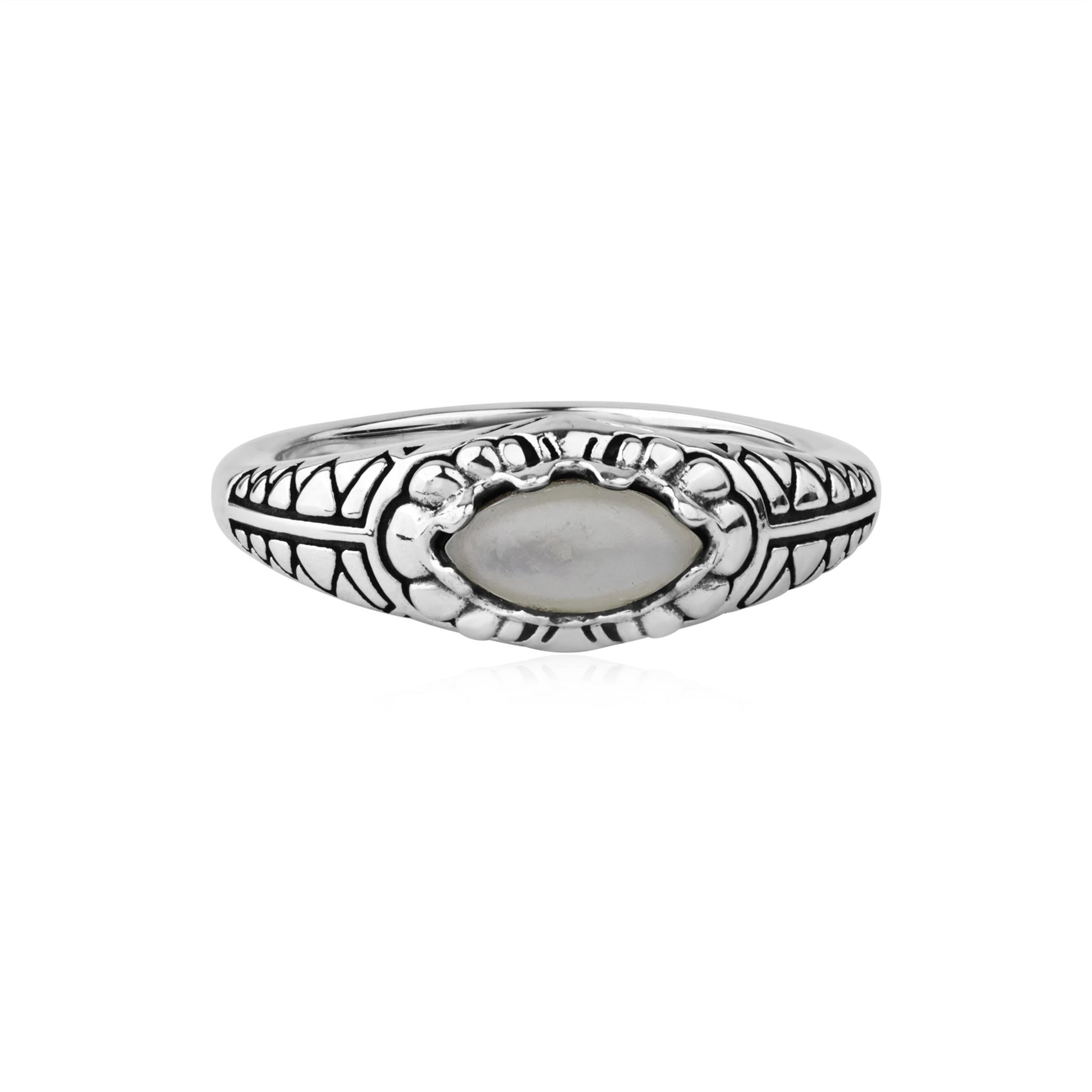  Sterling Silver White Mother of Pearl Marquise-Cut Etched Ring
