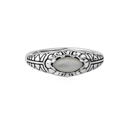 Sterling Silver White Mother of Pearl Marquise-Cut Etched Ring