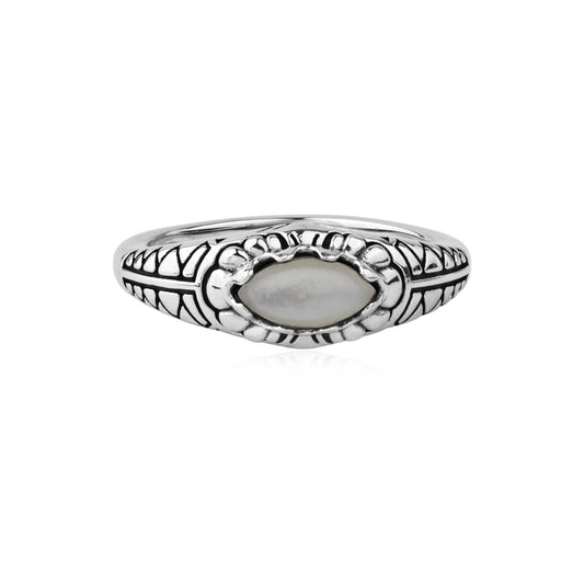  Sterling Silver White Mother of Pearl Marquise-Cut Etched Ring