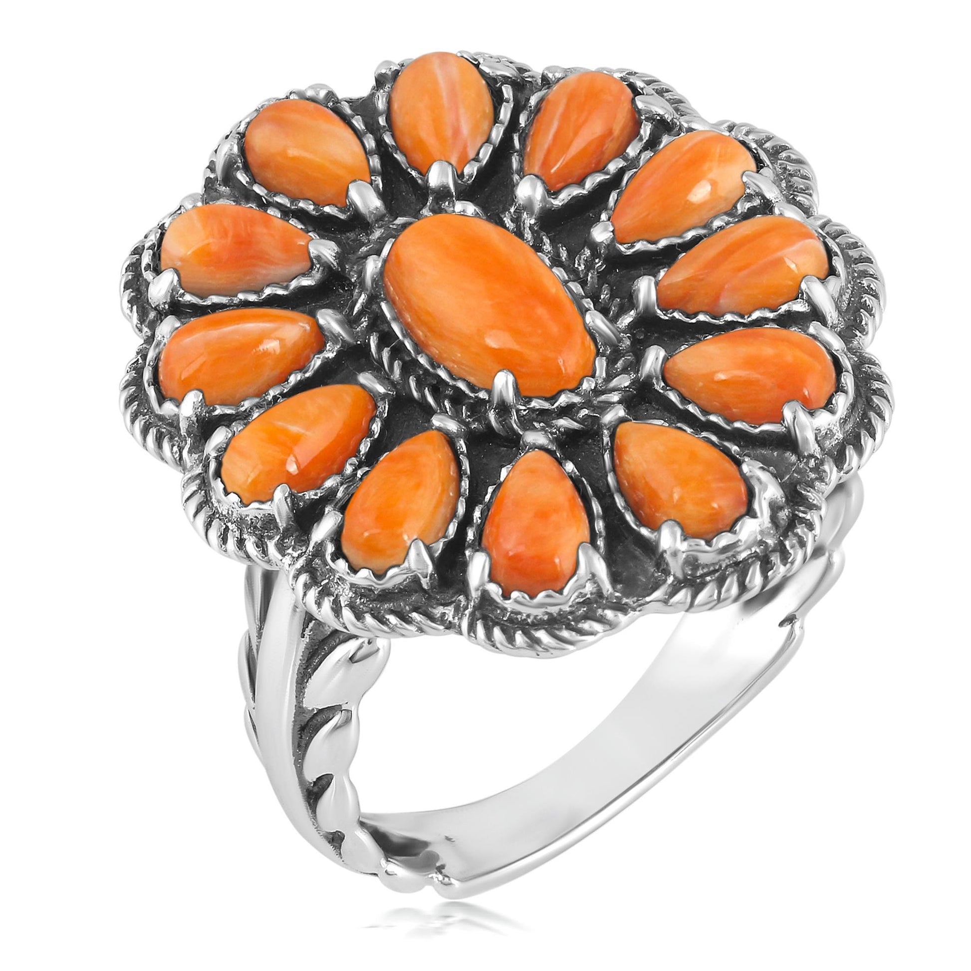 Sterling Silver Orange Spiny Oyster Flower Cluster Ring, Sizes 5 to 10