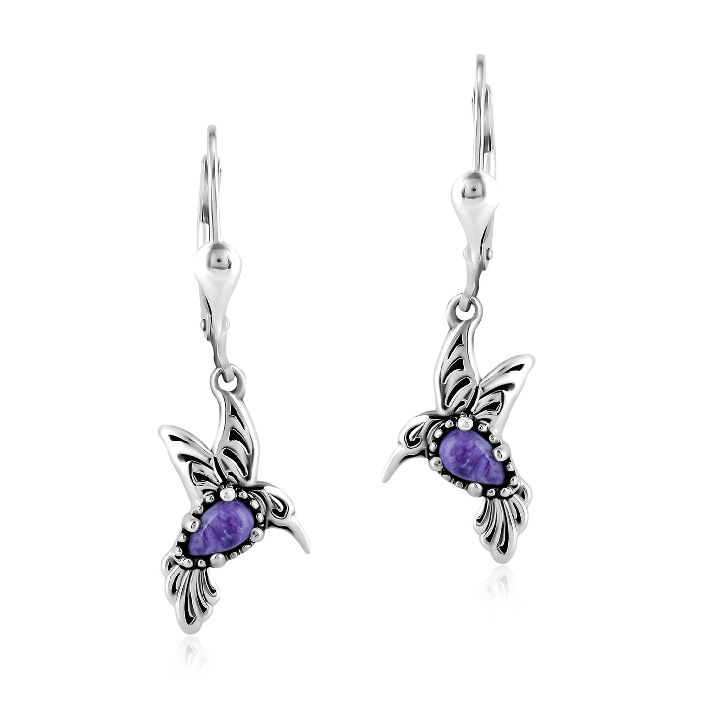 EXCLUSIVELY OURS! Sterling Silver Charoite Hummingbird Dangle Earrings