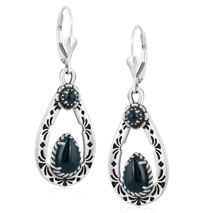 Sterling Silver Black Onyx Teardrop Dangle Earrings