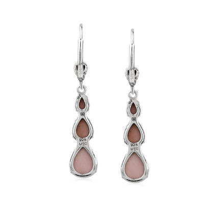 Sterling Silver Pink Concha Shell 3-Pear Drop Lever Back Earrings