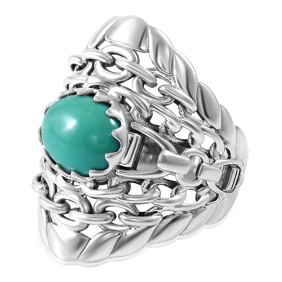 Sterling Silver Green Turquoise Stirrup Chain Ring, Sizes 5 to 11
