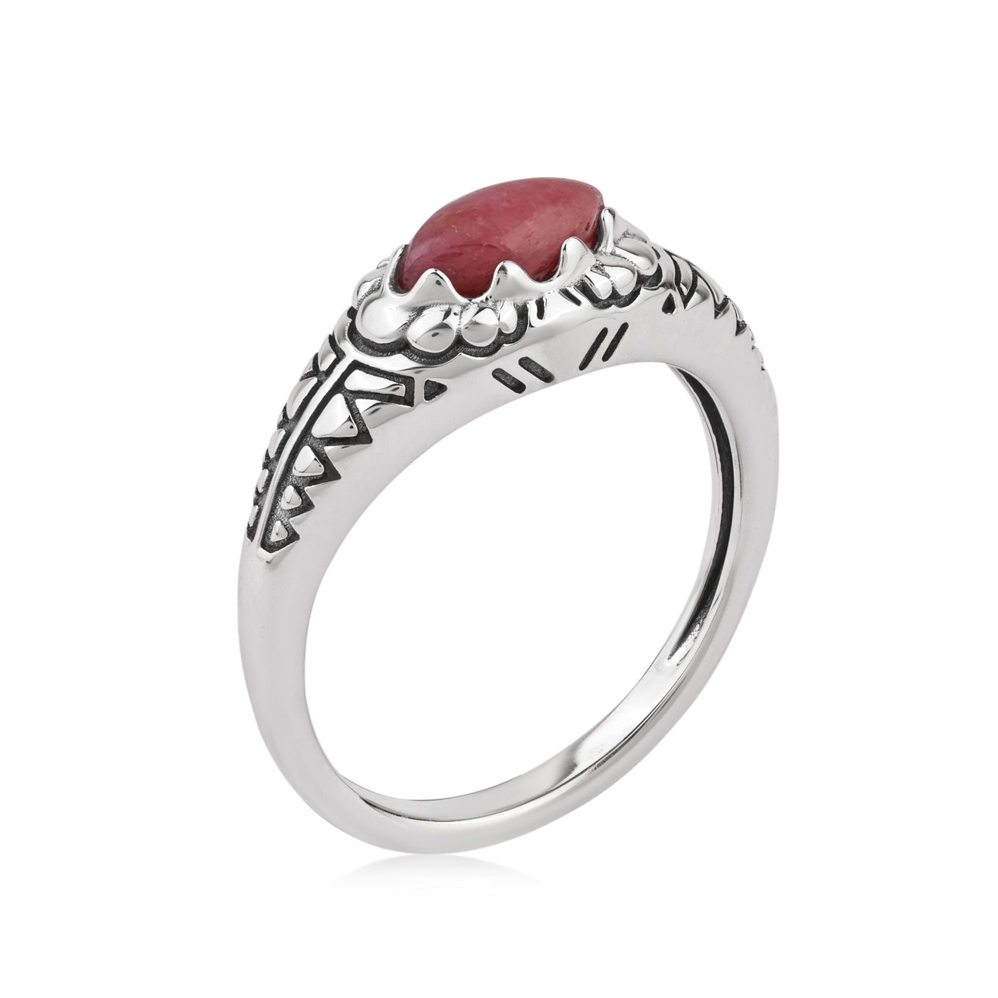  Sterling Silver Rhodonite Marquise-Cut Etched Ring