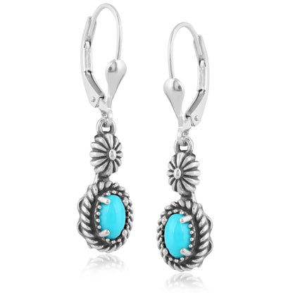 EXCLUSIVELY OURS! Sterling Silver Sleeping Beauty Turquoise Floral and Rope Design Dangle Earrings