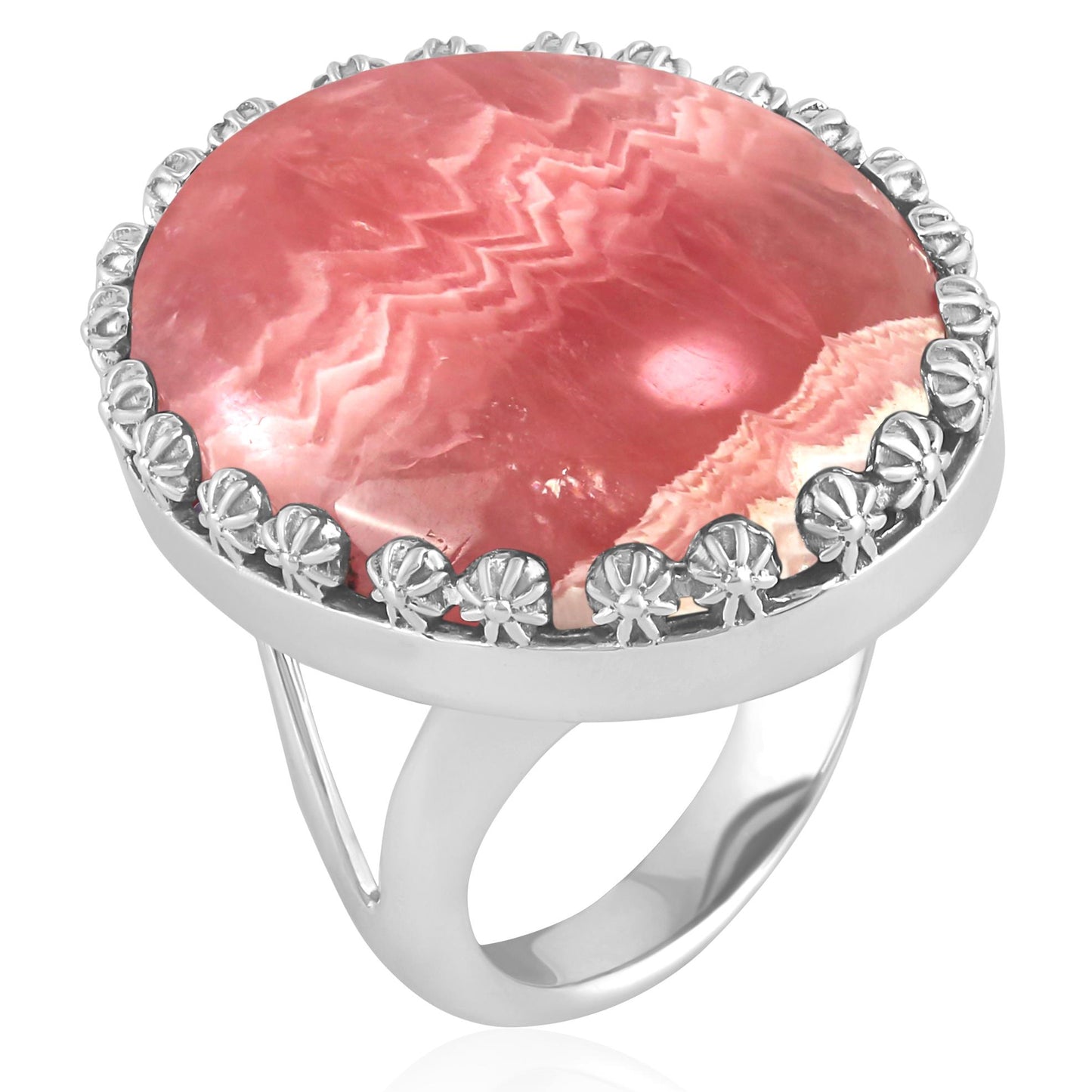 Sterling Silver Rhodochrosite Concha Flower Border Oval Cut Ring, Sizes 5 to 10