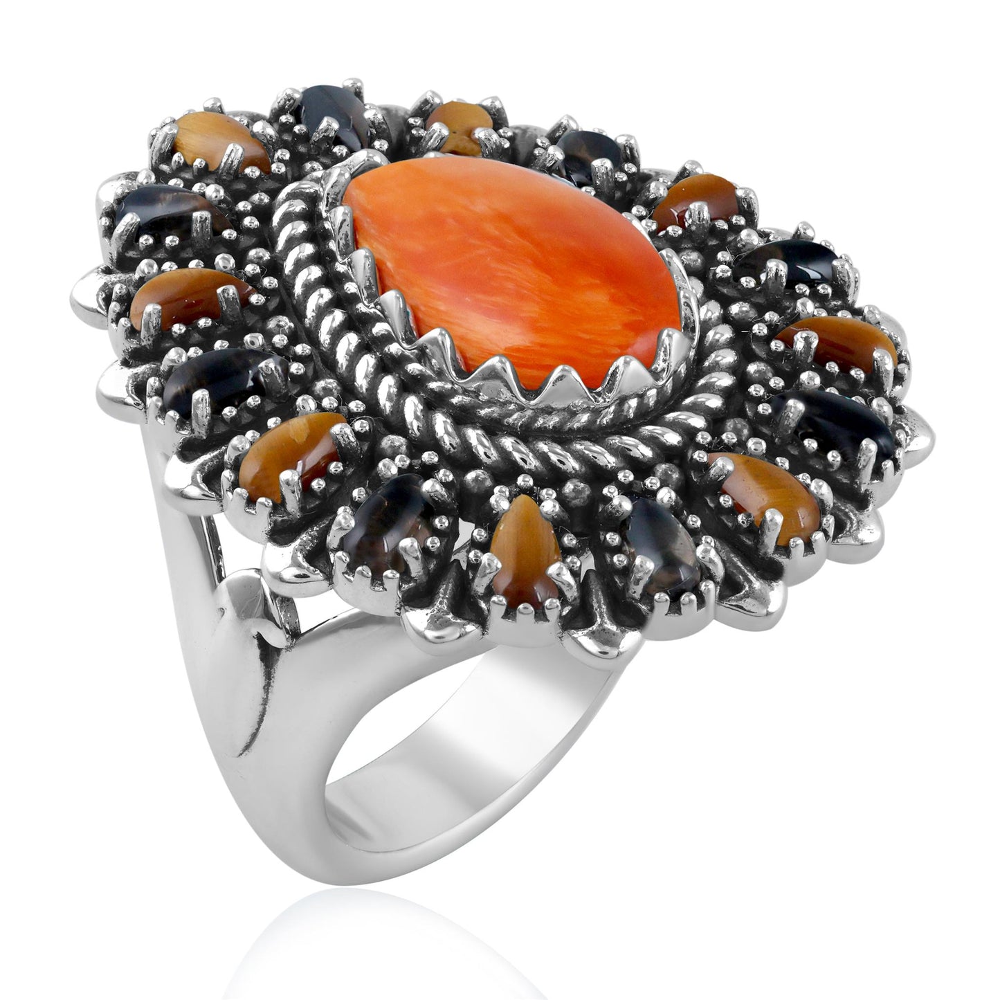 Sterling Silver Orange Spiny Oyster, Tiger's Eye and Smoky Quartz Pear-Shaped Cluster Ring