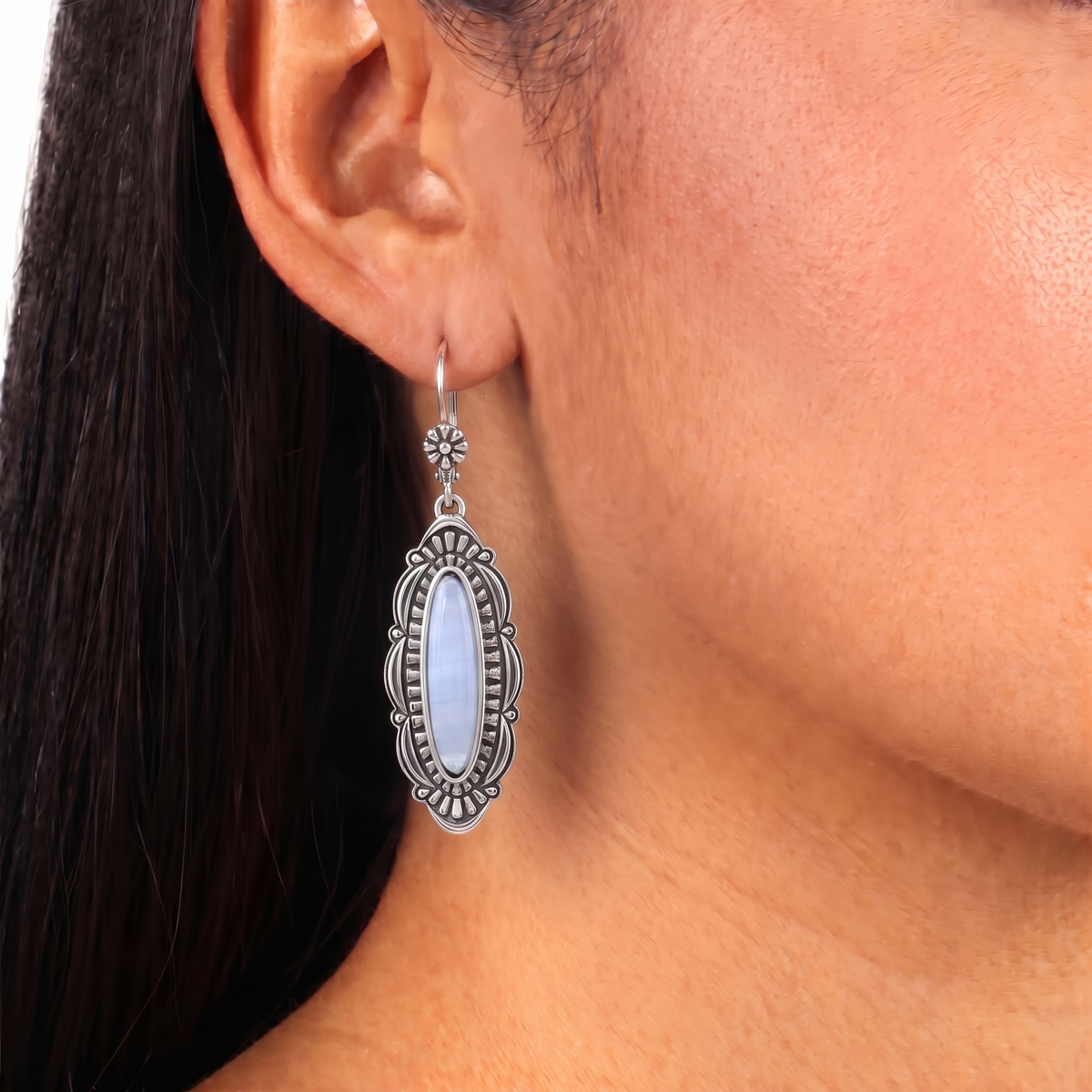 Sterling Silver Blue Lace Agate Elongated Oval Textured Lever Back Earrings 