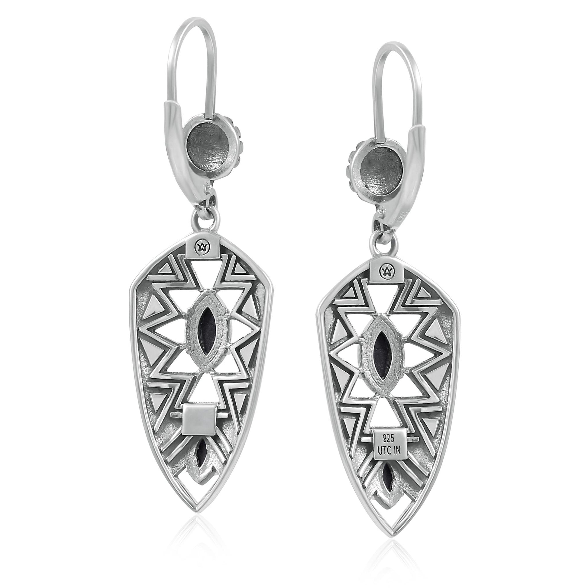 Sterling Silver Marquise Black Agate Patterned Lever Back Earrings 